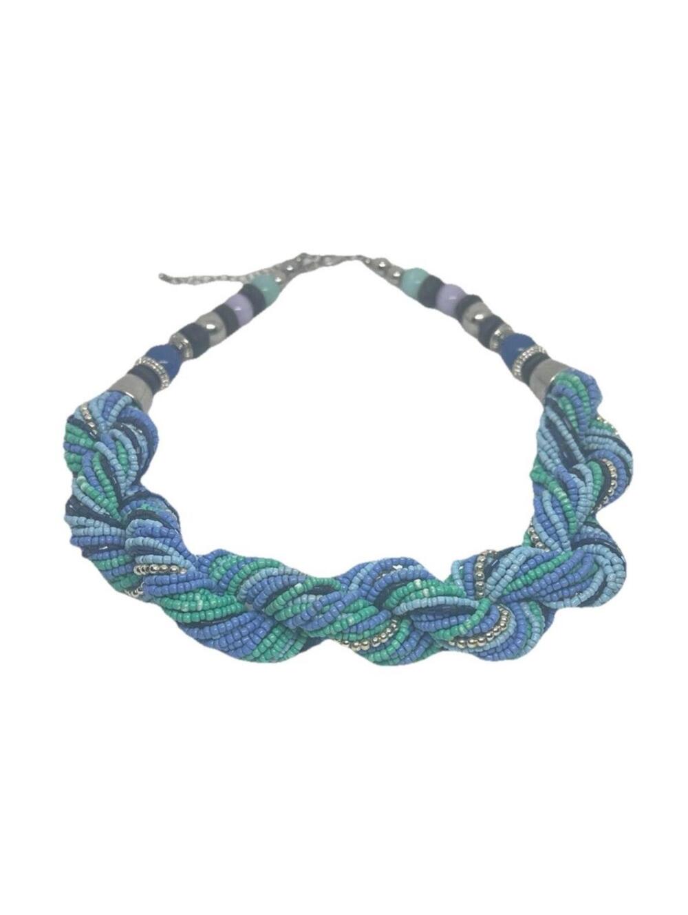 Silver Tone Boho Blue Seed Beaded Twisted Choker Collar Statement Necklace
